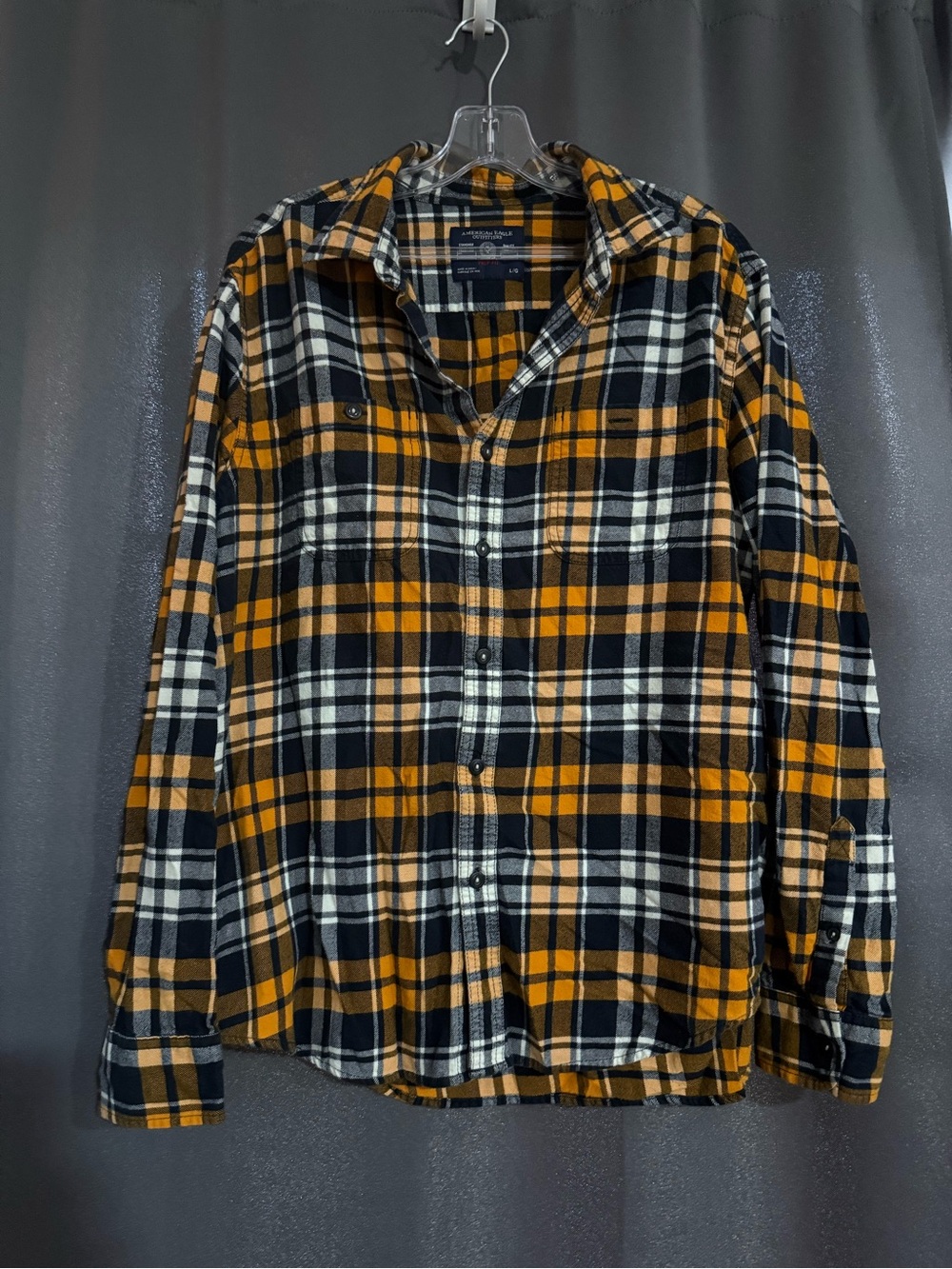 American eagle Men's Yellow Black Plaid Flannel Button-Up Shirt